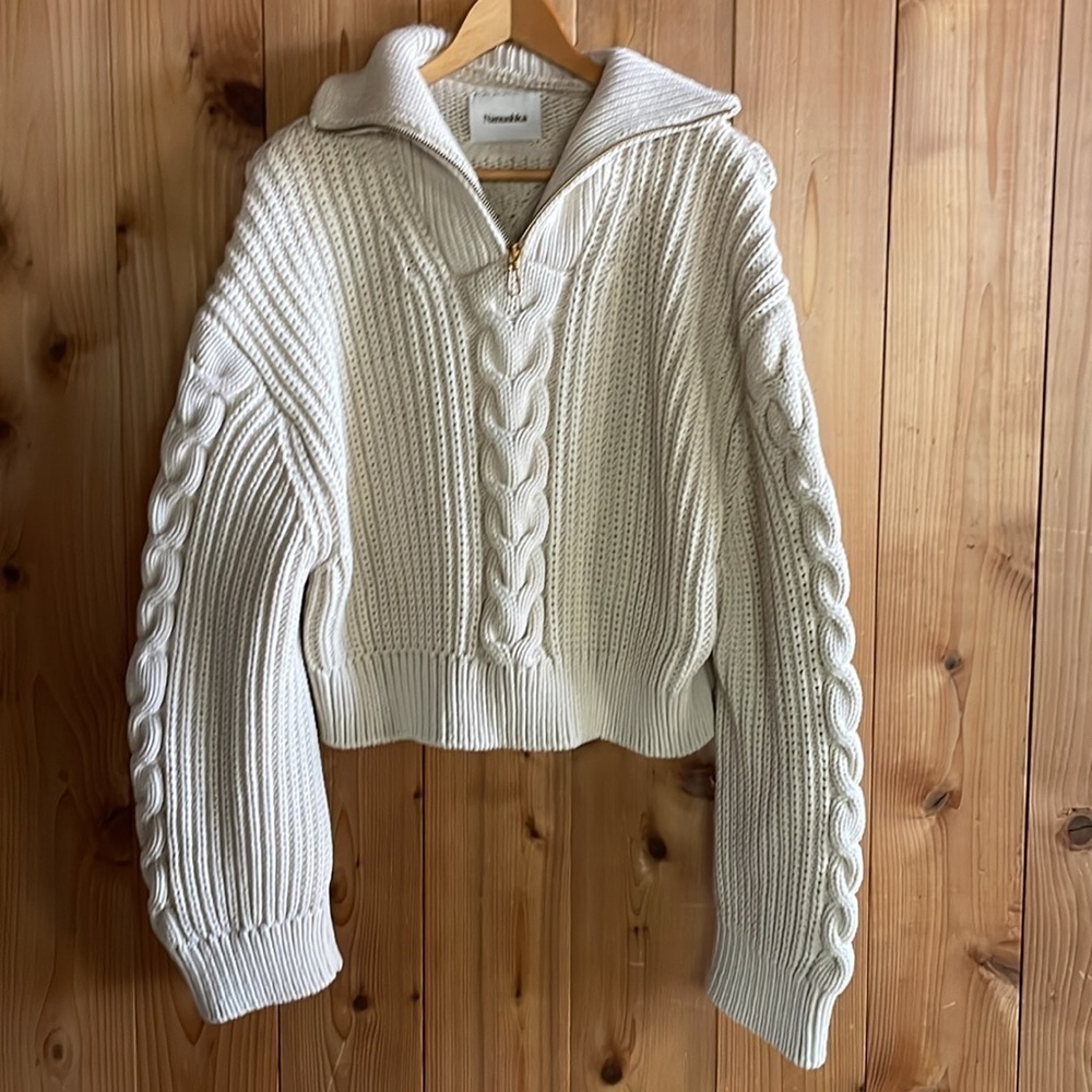 NANUSHKA Cotton Half Zip Chunky Cable Knit Ribbed Oversized Crop Sweater M - Picture 8 of 16